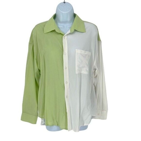 Lush Womens Colorblock Long Sleeve Button Down Shirt Lime Green White Small NWT - Picture 1 of 9